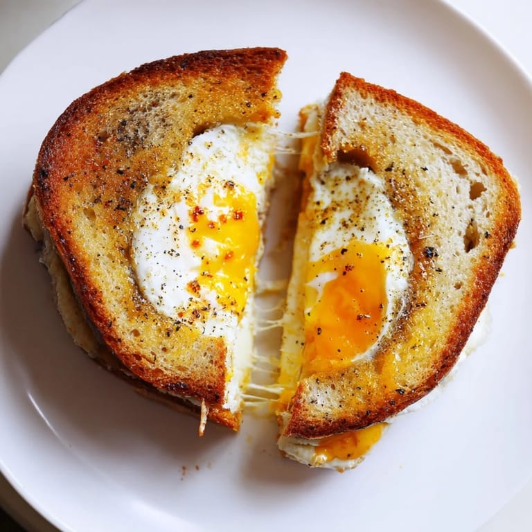 A close-up of a perfectly grilled feta fried eggs grilled cheese, ready to be devoured.
