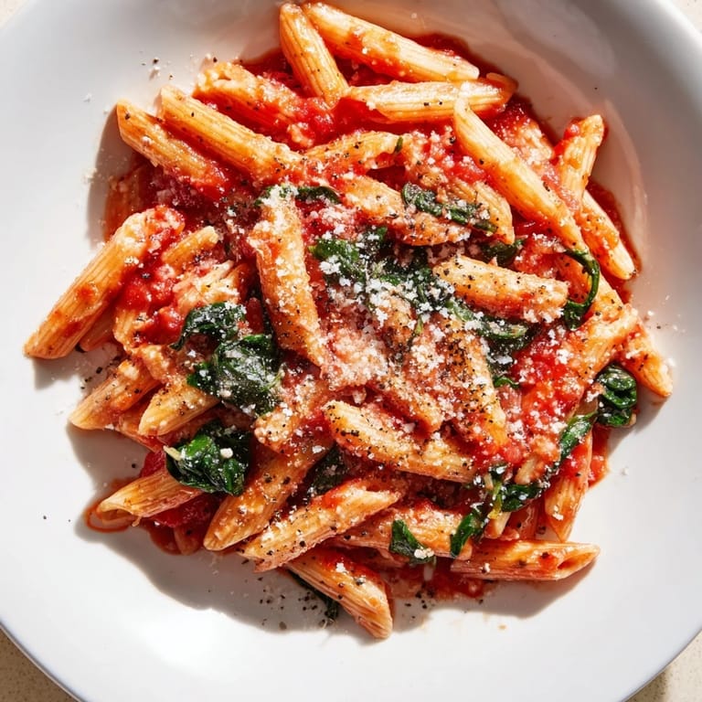 A big bowl of Quick Marinara Pasta, garnished with basil and parmesan, for a vibrant Italian dinner at home.