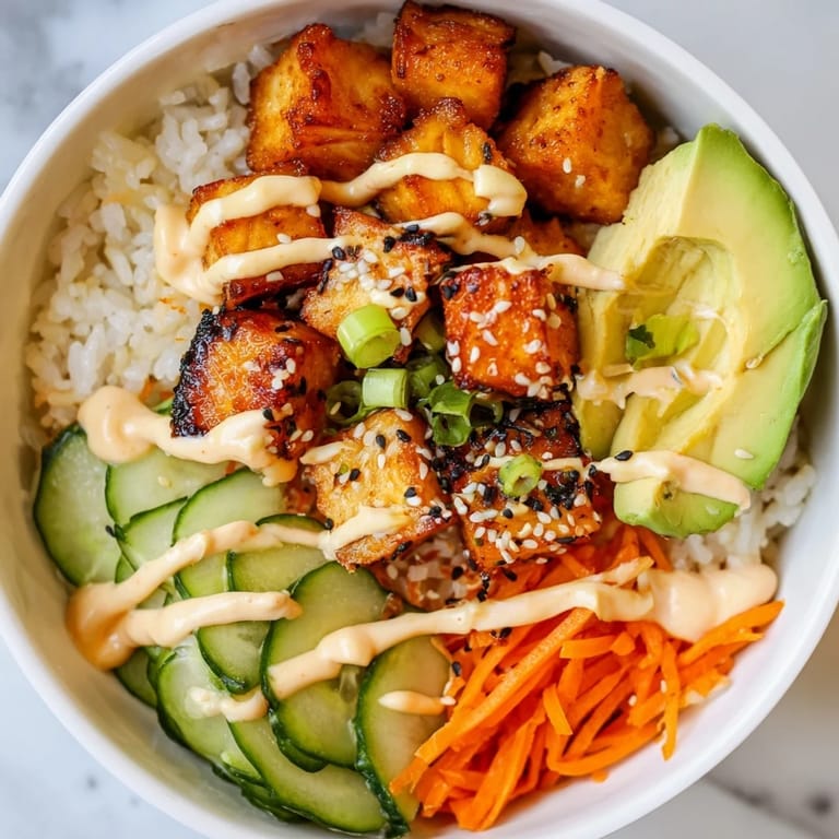 This vibrant salmon bites bowl features perfectly cooked salmon, fresh veggies, and creamy sauce.