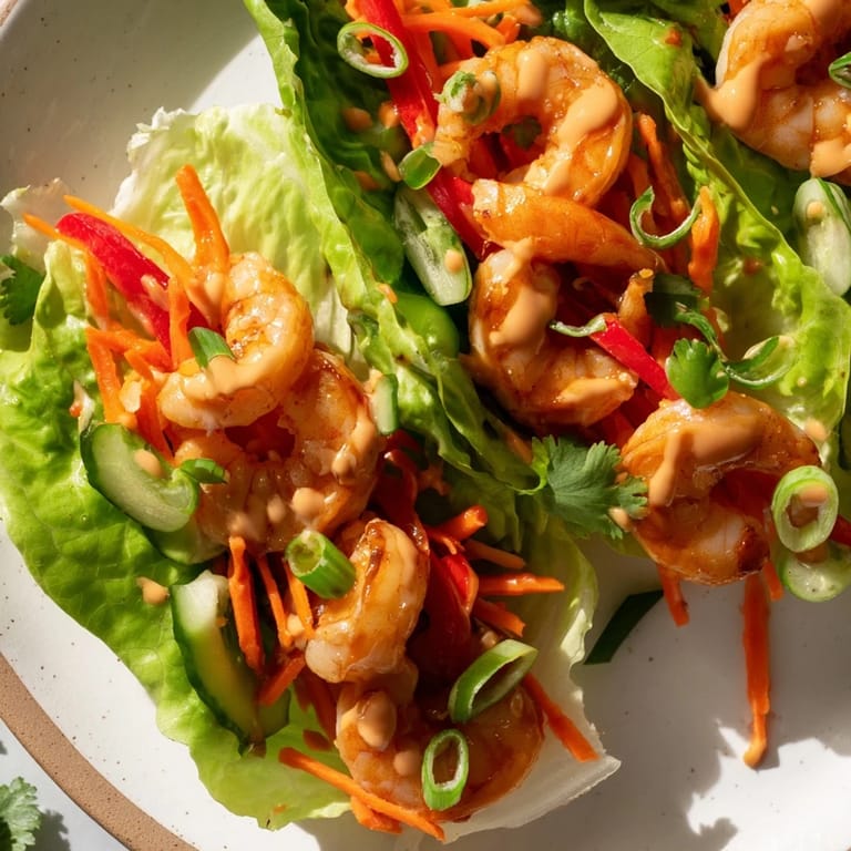 Healthy and fresh-looking shrimp lettuce cups featuring a colorful mix of ingredients, ready for a satisfying, low-carb lunch.