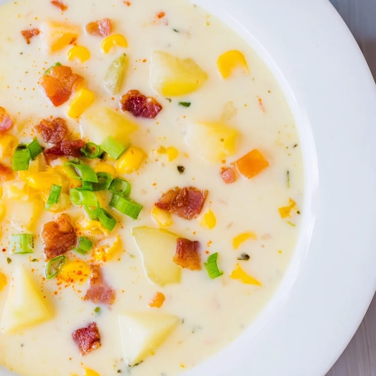 Close-up of a rustic Corn Chowder, topped with crispy bacon and fresh chives, a flavorful American soup.