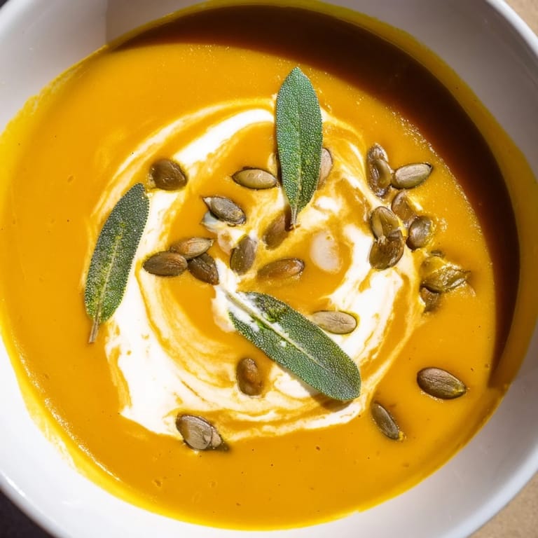 A close-up of vibrant butternut squash soup, garnished with cream and fresh sage leaves.