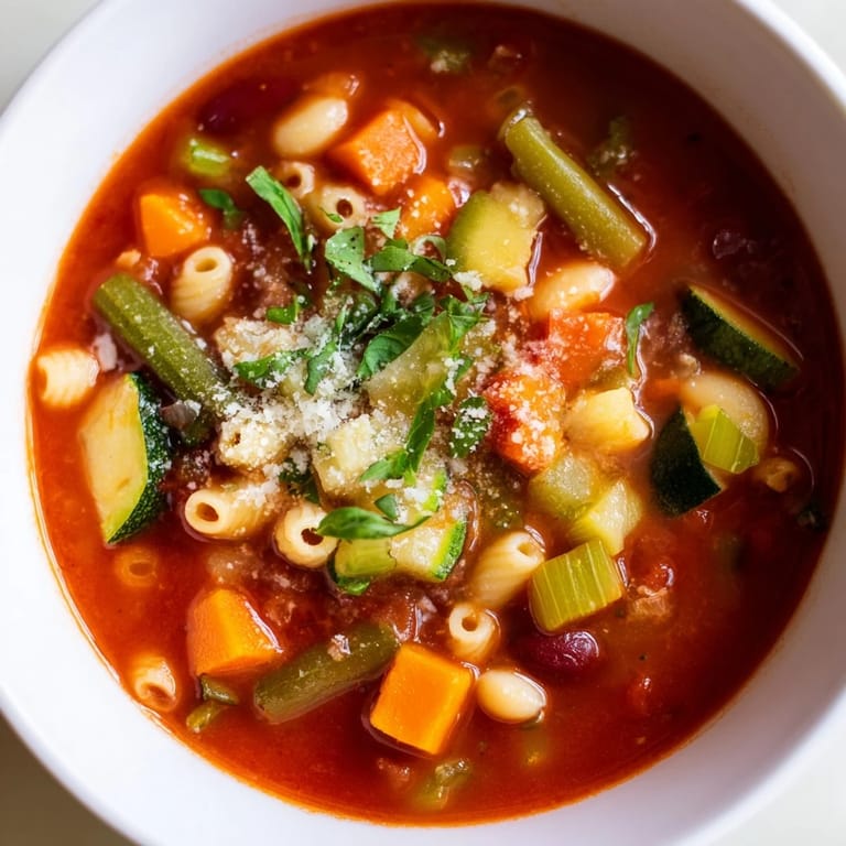 Close-up of a rustic bowl of Tomato Basil Minestrone, a hearty Italian soup, served with crusty bread.