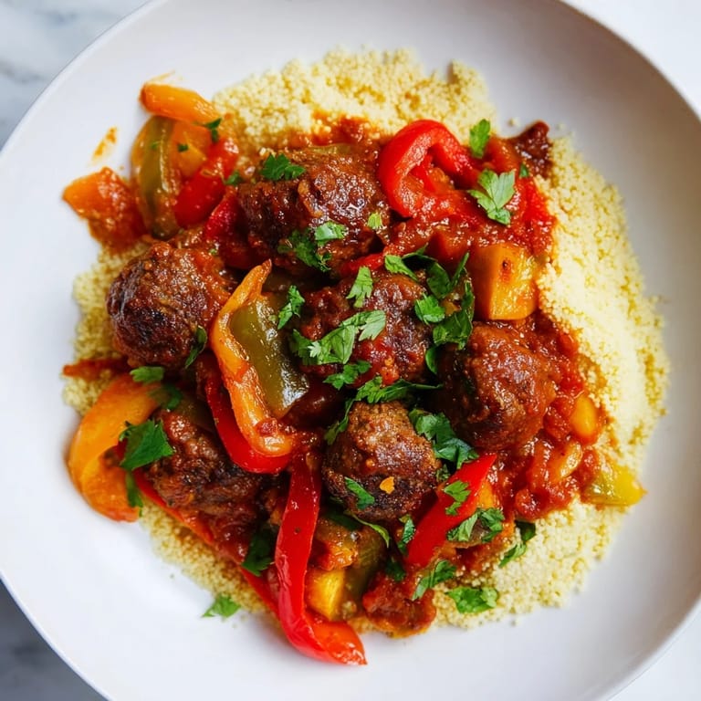 Fluffy couscous topped with spiced kefta and flavorful vegetables creates an appetising North African Couscous Kefta dish.