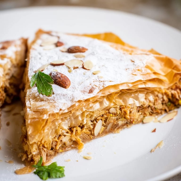 Close-up of a flaky, layered Moroccan Pastilla Pie, offering a delightful sweet and savory experience.