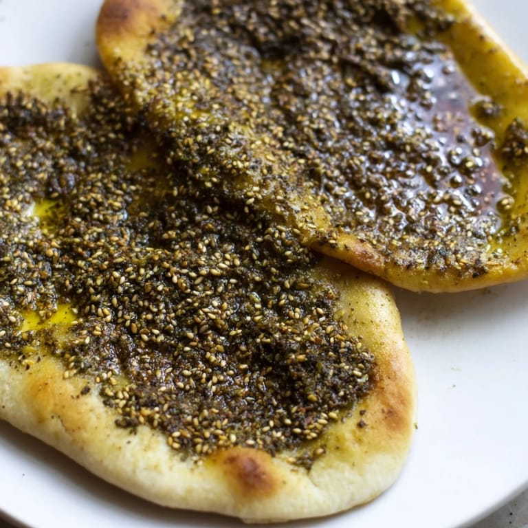 Crispy edges of warm Levantine Zaatar Bread, ideal as a flavorful vegan appetizer or snack.