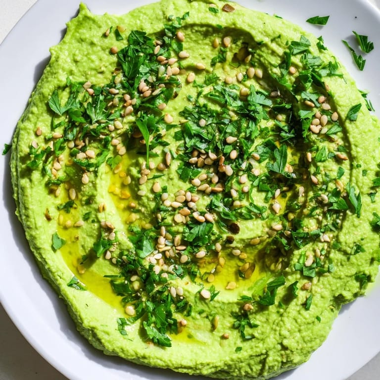 Bright, zesty Edamame Hummus is spooned from a bowl, showcasing its smooth texture and fresh parsley garnish for snacking.