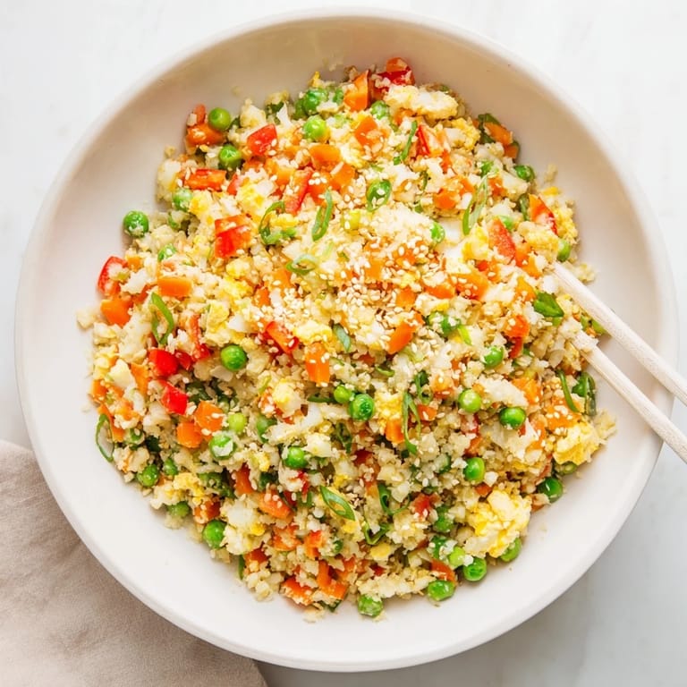 Savory Cauliflower Fried Rice is plated on a white dish with a drizzle of toasted sesame oil and fresh ginger.