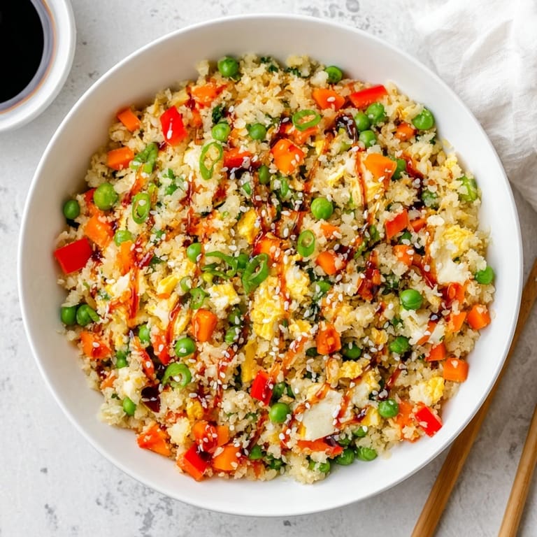 Hearty and grain-free Cauliflower Fried Rice is garnished with sliced green onions and served in a warm ceramic bowl.