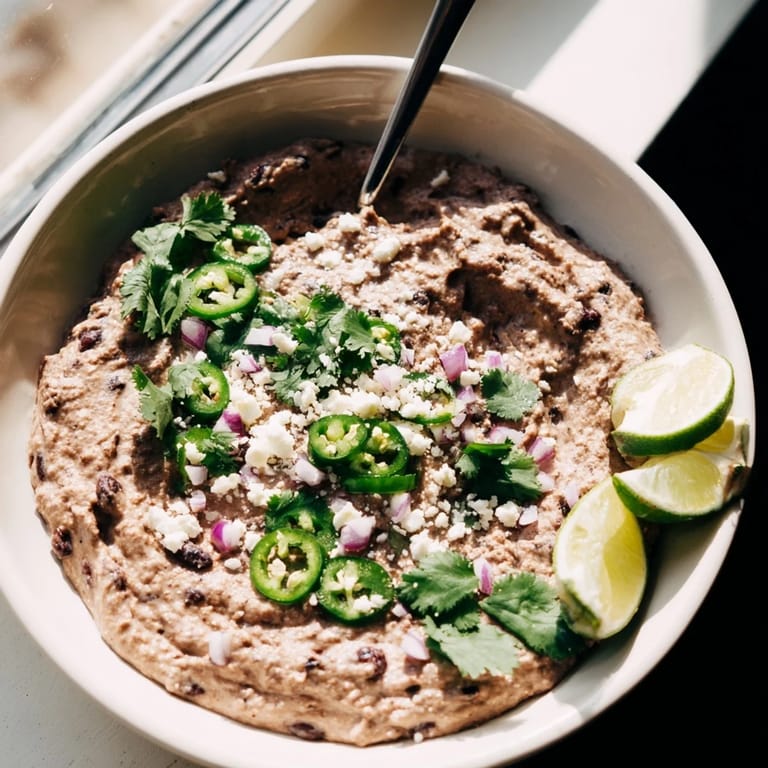 Freshly blended Spicy Black Bean Dip in a rustic bowl, garnished with cilantro and a slice of jalapeño for extra heat.  