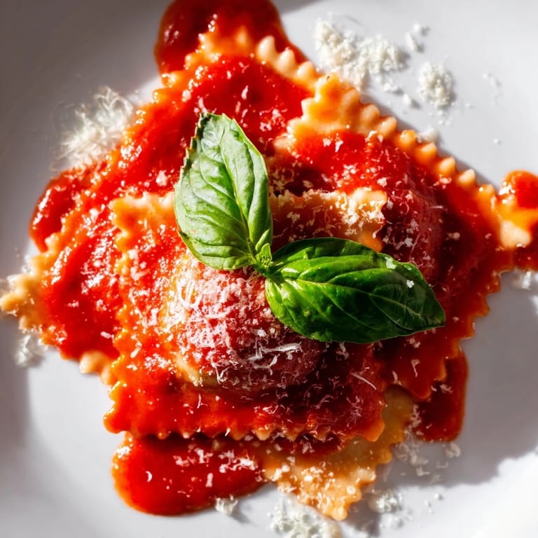 Homemade Spinach Ricotta Ravioli topped with marinara and fresh basil, ready to serve with a glass of white wine.