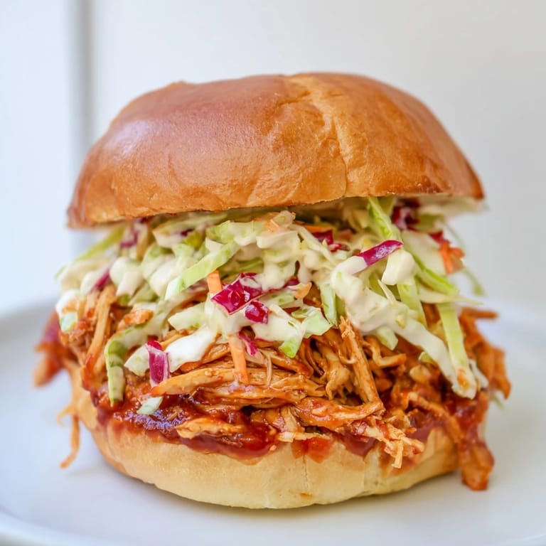 Tender, slow-cooked pulled barbecue chicken nestled in a soft bun, ready to be devoured.