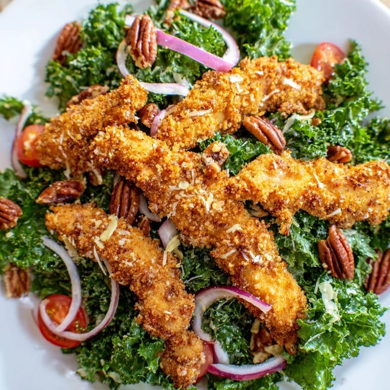 This hearty American salad combines crunchy panko-coated chicken with tender greens, red onion slices, and optional toasted pecans for satisfying texture.