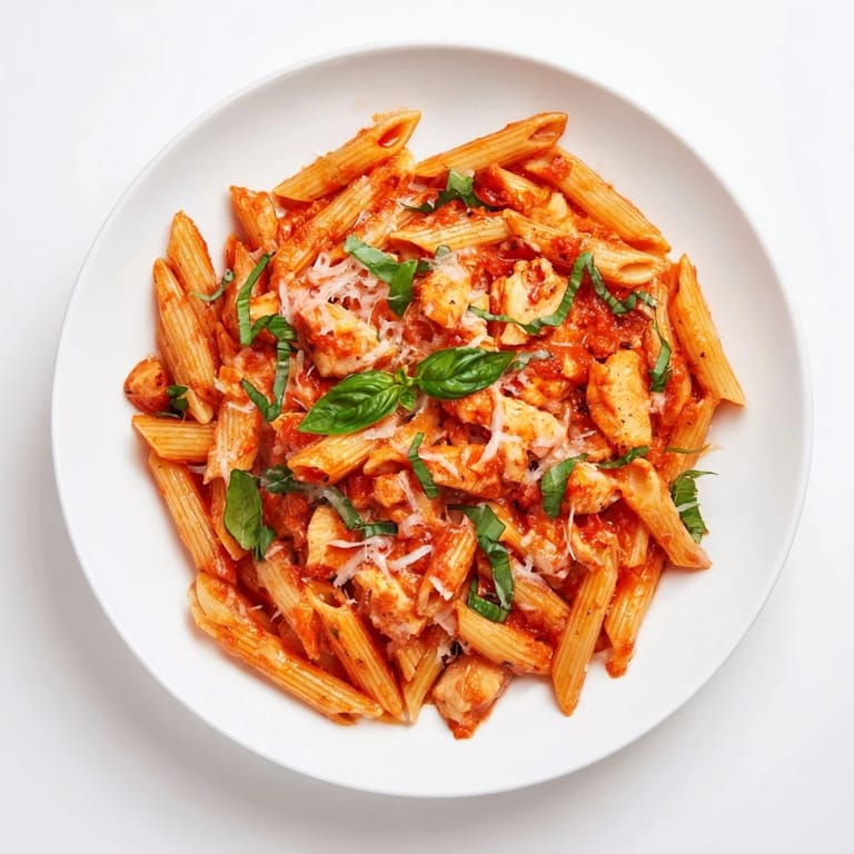 Tomato Basil Chicken Pasta served with a side salad and sparkling water for a fresh, satisfying dinner.