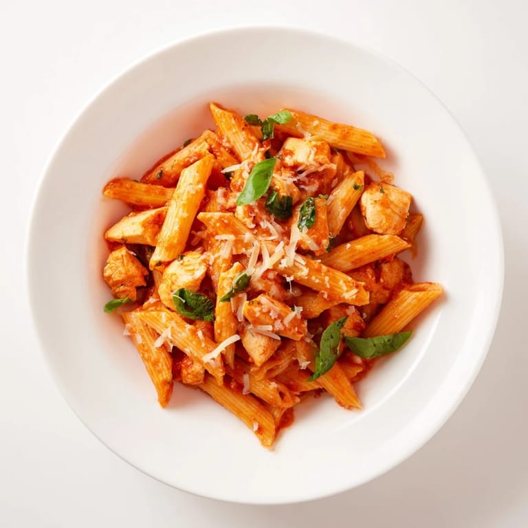 A close-up of Tomato Basil Chicken Pasta with tender chicken pieces and vibrant red sauce coating al dente penne.