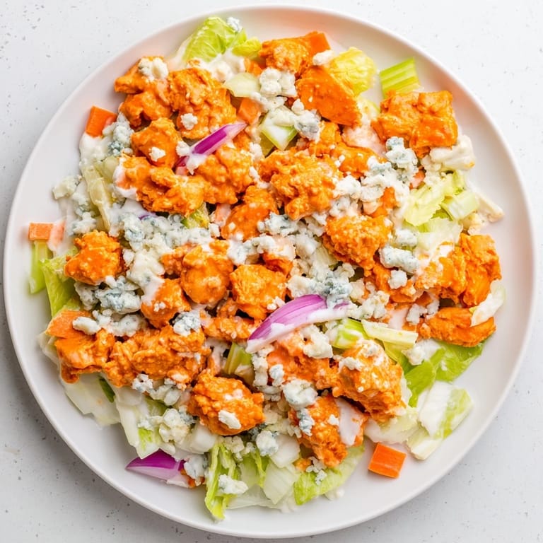 A vibrant bowl of Buffalo Chicken Chopped Salad with shredded carrots and red onion for a crisp, zesty lunch.  