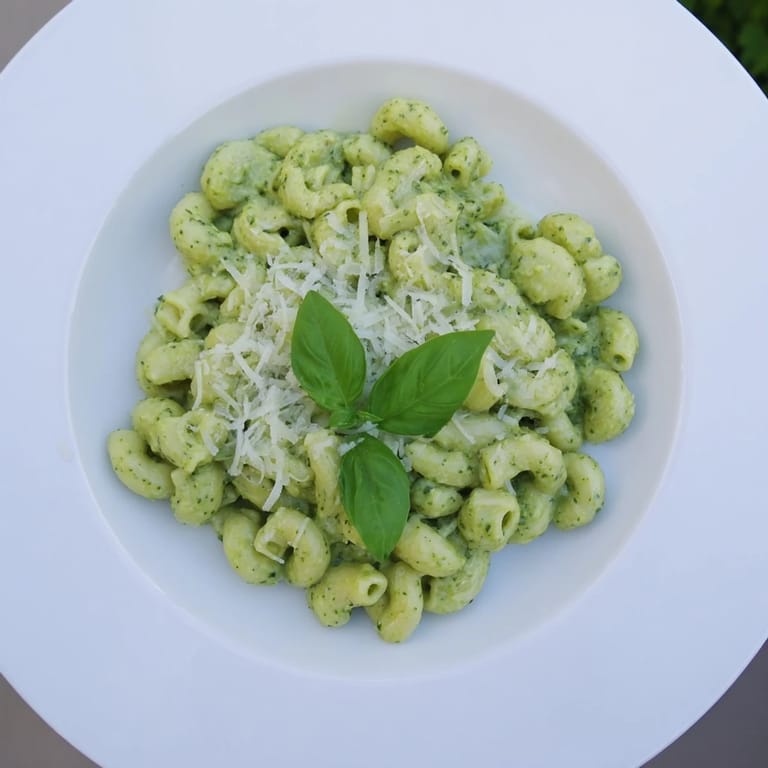 Creamy Avocado Pesto Mac in a rustic skillet, showing glossy green sauce coating macaroni, topped with cracked pepper for a savory weeknight meal.  