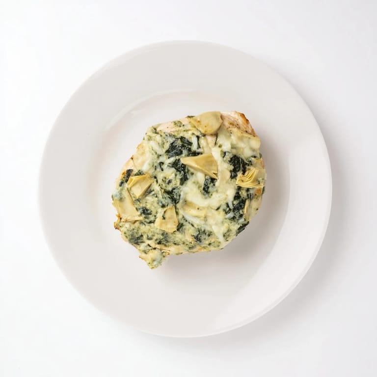 A close-up of golden, bubbling spinach and artichoke chicken bake, served alongside fluffy rice and a crisp green salad.