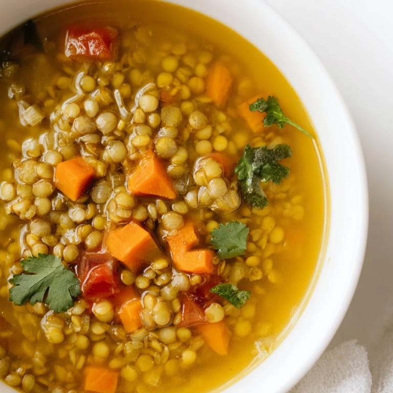 Closely focused on a ladle of homemade Mung Bean Soup, showcasing its rich, yellow hue and soft bean texture.