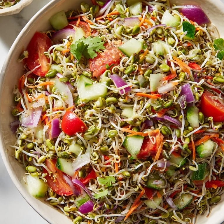 Fresh Sprouted Seed Salad tossed with mung bean and alfalfa sprouts, drizzled with zesty olive oil dressing.