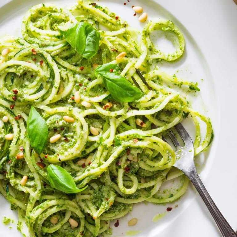 A close-up view of sautéed zucchini noodles tossed with vibrant pesto, ready for a quick, healthy Italian-inspired dinner.