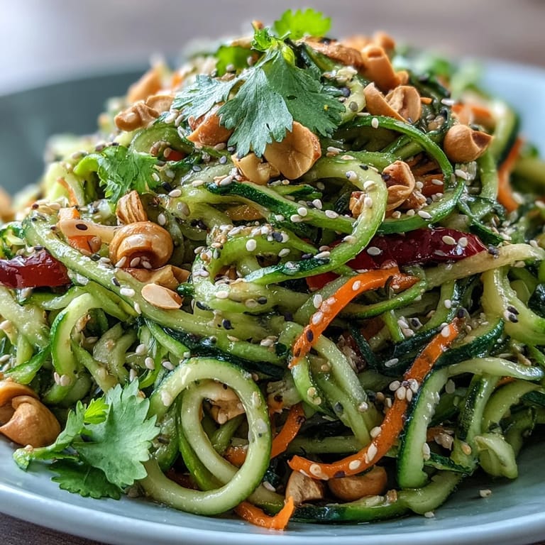 This refreshing Asian-inspired Raw Vegetable Noodle Salad is garnished with toasted sesame seeds and chopped cilantro for a bright finish.