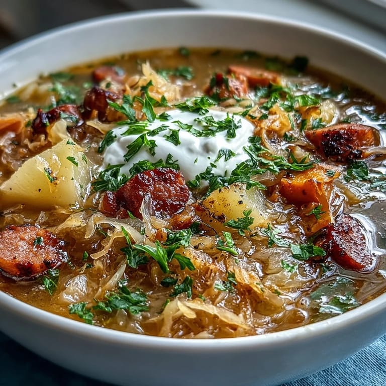 Steaming Sauerkraut Soup with smoked sausage, potatoes, and carrots, ready to enjoy on a cozy day.