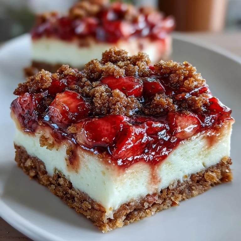 Ooey gooey Strawberry Cheesecake Bars with fresh berry filling and crumbly topping on parchment paper.