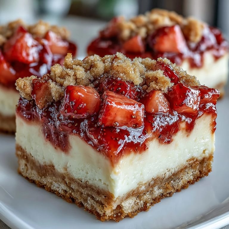 Homemade Strawberry Cheesecake Bars cut into squares, showing creamy layer and juicy strawberries on a marble counter.