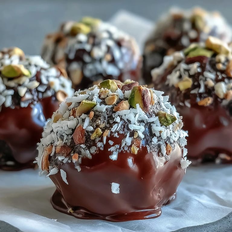 Hand-rolled dark chocolate truffles with a creamy center, perfect for customizing with shredded coconut or cocoa.