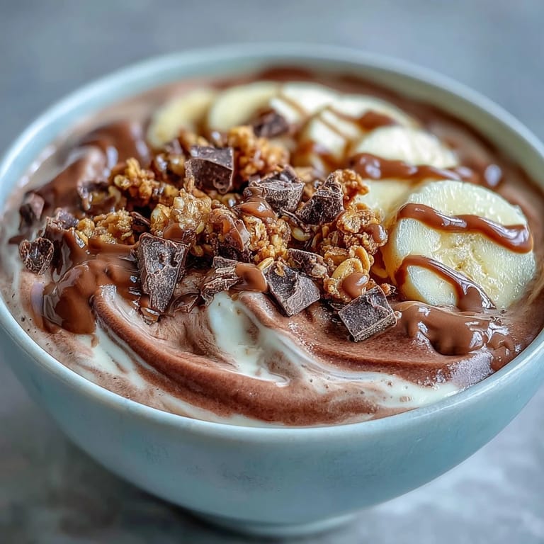 Overhead view of a single-serving Chocolate Peanut Butter Smoothie Bowl in a white bowl, garnished with banana pieces and chocolate shavings for a decadent snack.