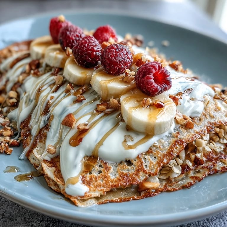A close-up view shows a warm, thick pancake base made with oats and banana, piled high with tangy yogurt and vibrant berries.