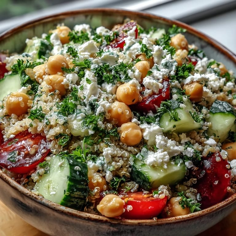 Overhead view of a fresh High Protein Quinoa & Chickpea Salad with chickpeas, tomatoes, and cucumbers. A light lemon and olive oil dressing coats the ingredients, served in a rustic ceramic bowl.