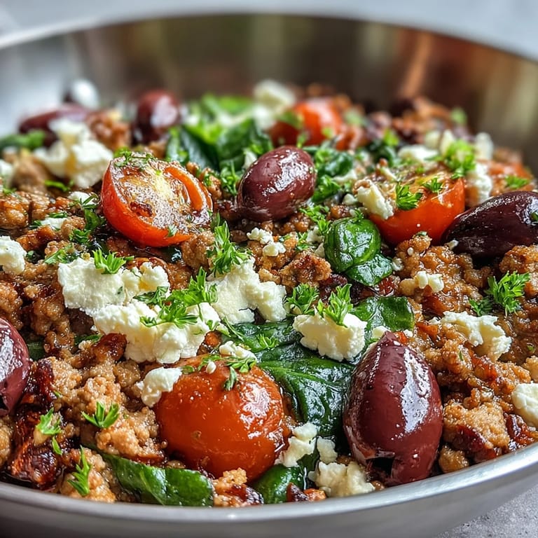 Served warm in a rustic skillet, Mediterranean Keto Ground Chicken Skillet with Olives and Feta features bright lemon juice and fresh parsley.
