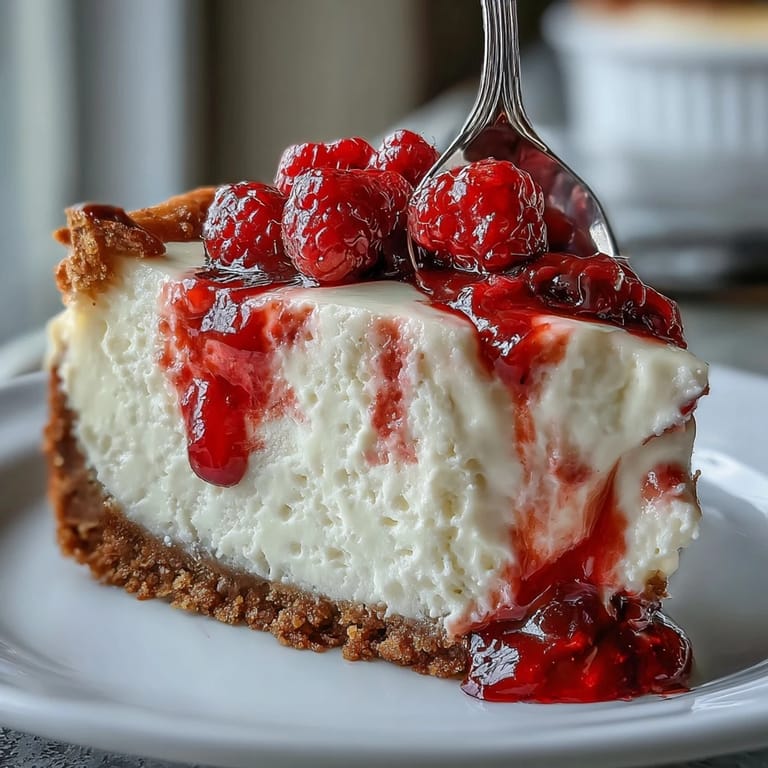 A rich wedge of Indulgent White Chocolate Raspberry Cheesecake Bliss highlights the tangy red raspberry sauce marbled into the filling.