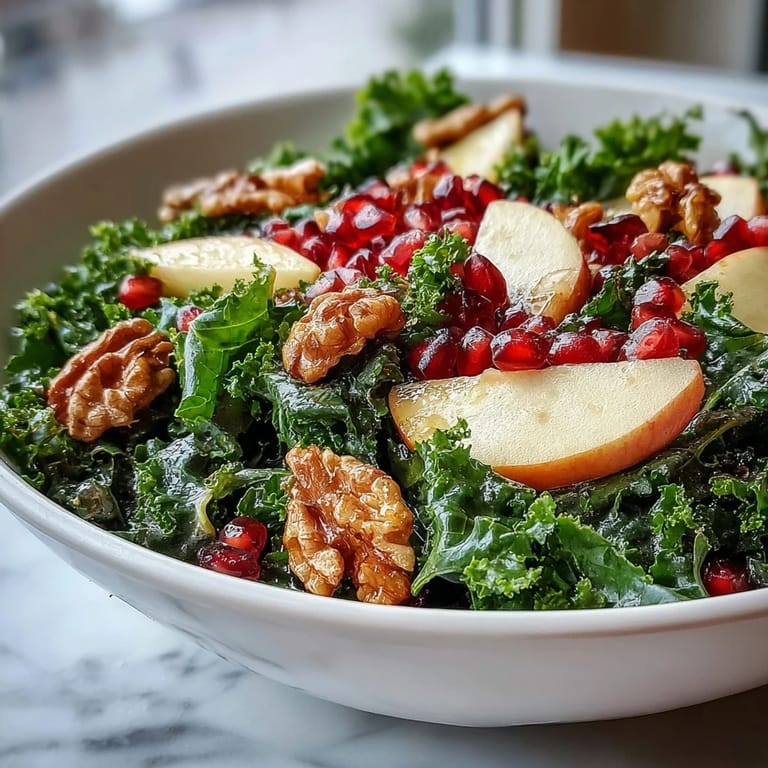 The fresh Kale and Pomegranate Bowl showcases a colorful mix of greens, juicy seeds, sliced apple, and a light honey-Dijon dressing glistening.  
