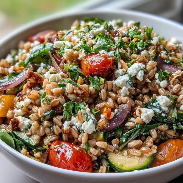 Close-up of a freshly prepared Farro Pasta Bowl, showing colorful Mediterranean vegetables and crumbled feta cheese, offering a wholesome and textured vegetarian main dish for lunch.