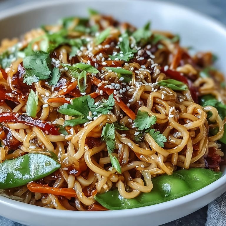 Colorful Asian-inspired Shirataki Noodle Bowl with tender vegetables and toasted sesame seeds, ready to serve for a quick vegan meal.