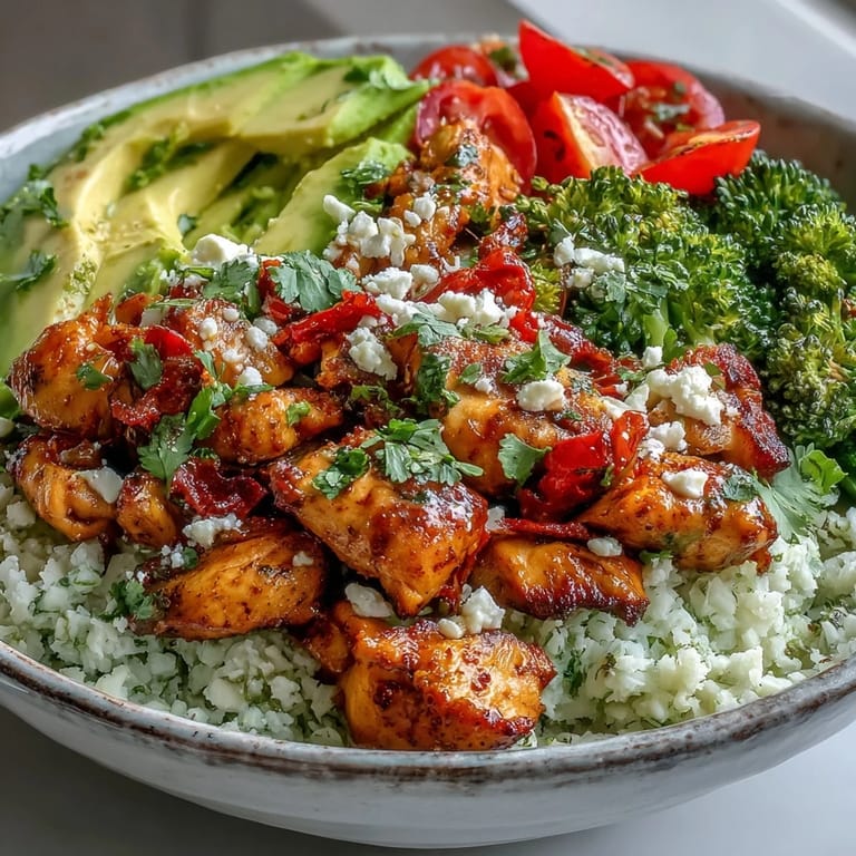 Healthy Cauliflower Rice Bowl featuring seasoned chicken, crisp vegetables, and a drizzle of tahini sauce.