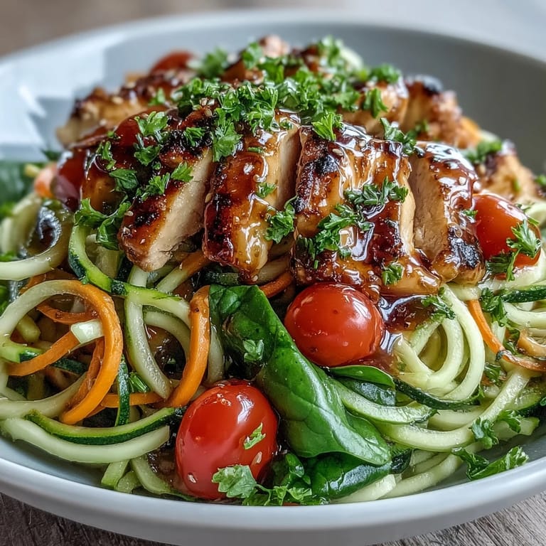 Wholesome spiralized vegetable bowl with crisp raw zucchini and sweet potato noodles, fresh spinach, cherry tomatoes, and plant-based protein, garnished with herbs and sesame seeds.