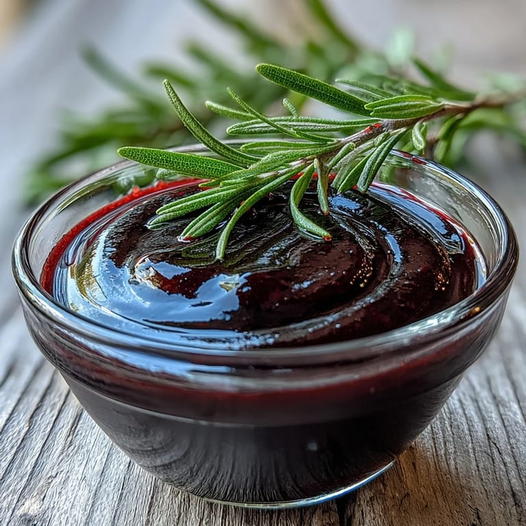 Small glass jar of homemade Black Currant and Rosemary Reduction beside a bowl of roasted vegetables.