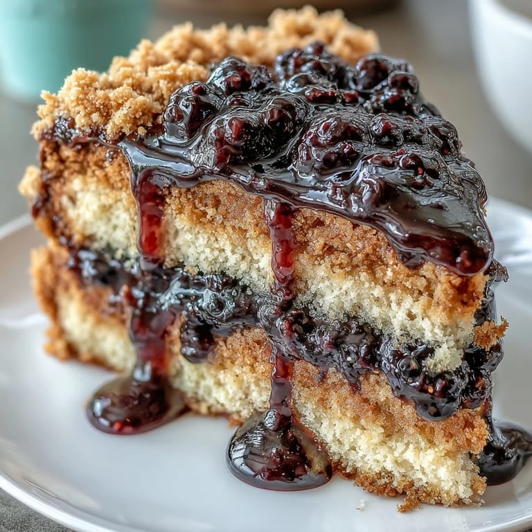 Frosted PB and J Cake With Black Currant Sauce cut to reveal the jam center, garnished with fresh black currants on a rustic wooden table.