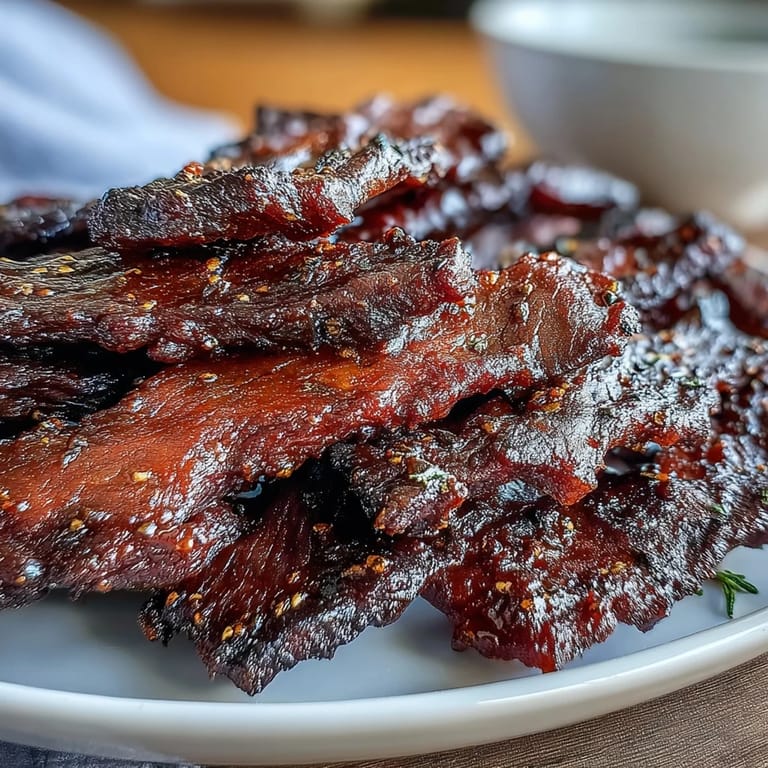 Freshly prepared Black Currant Smoky Jerky rests on a wooden cutting board, accompanied by a bowl of black currant jam and peppercorns.