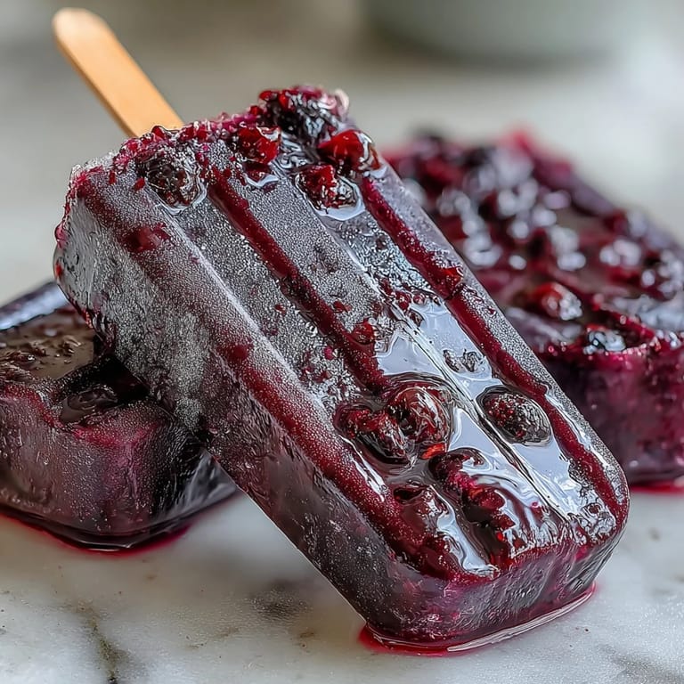 Close-up of a hand holding a single Black Currant Popsicle against a blurred blue sky, highlighting the bold, dark color and refreshing icy crystals.