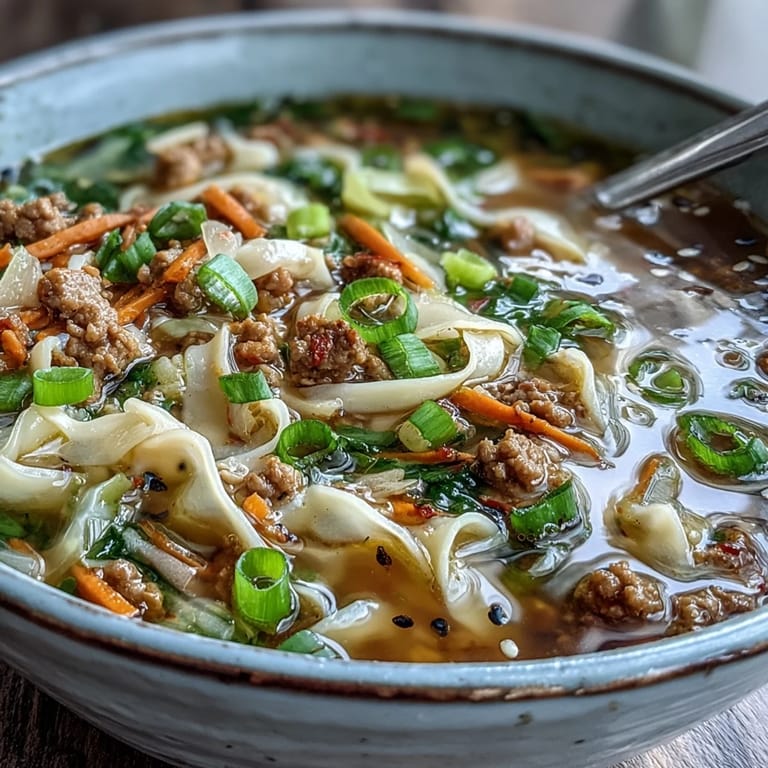 A spoon lifts silky egg ribbons from this savory Cozy One-Pot Egg Roll Soup with ginger.