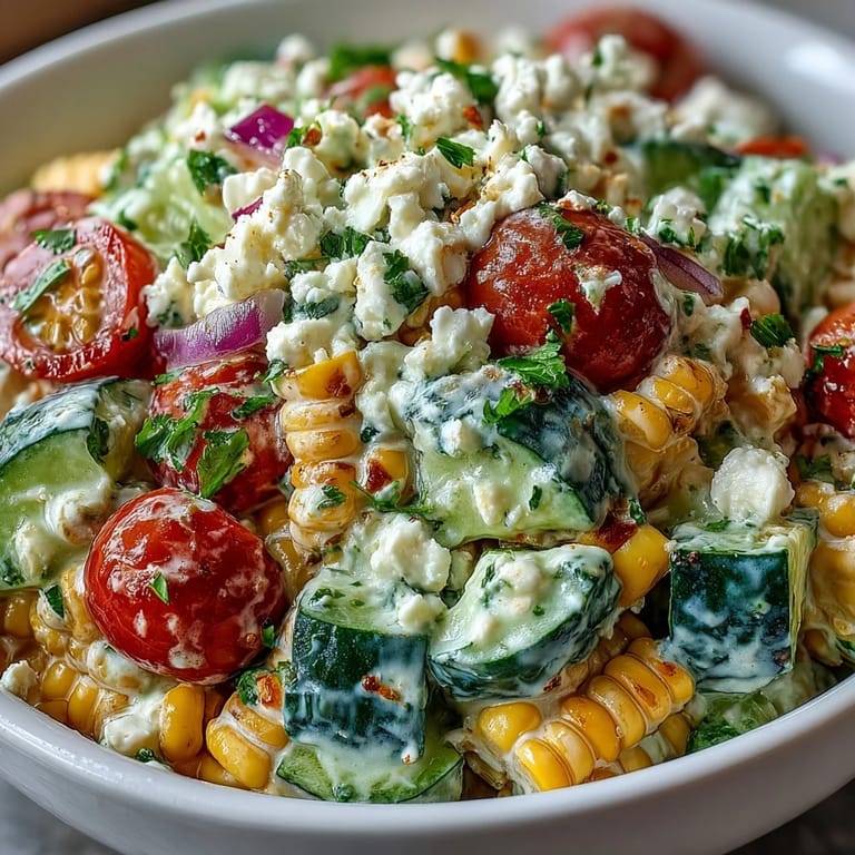 Close-up of Street Corn Creamy Cucumber Salad showing creamy dressing coating sweet corn, cucumbers, and tomatoes.
