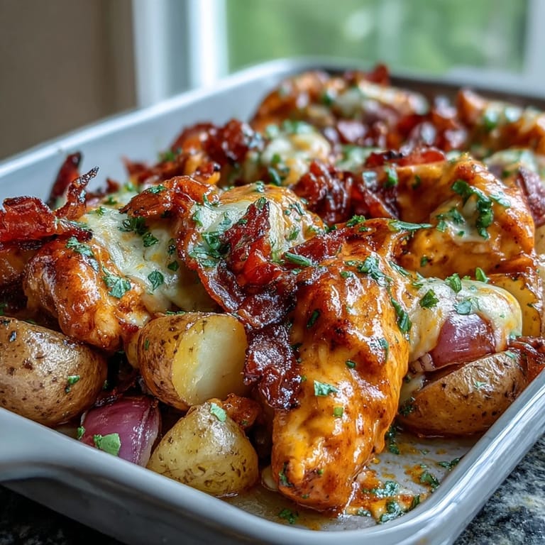 Roasted Buffalo Ranch Chicken Potato Bake with bell peppers and onions, garnished with fresh green chives on top.