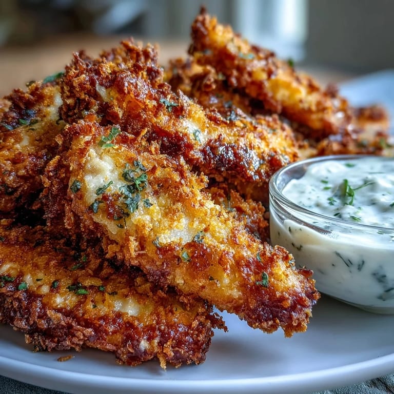 Tender chicken strips coated in a crunchy Parmesan and panko crust, baked until perfectly crisp.