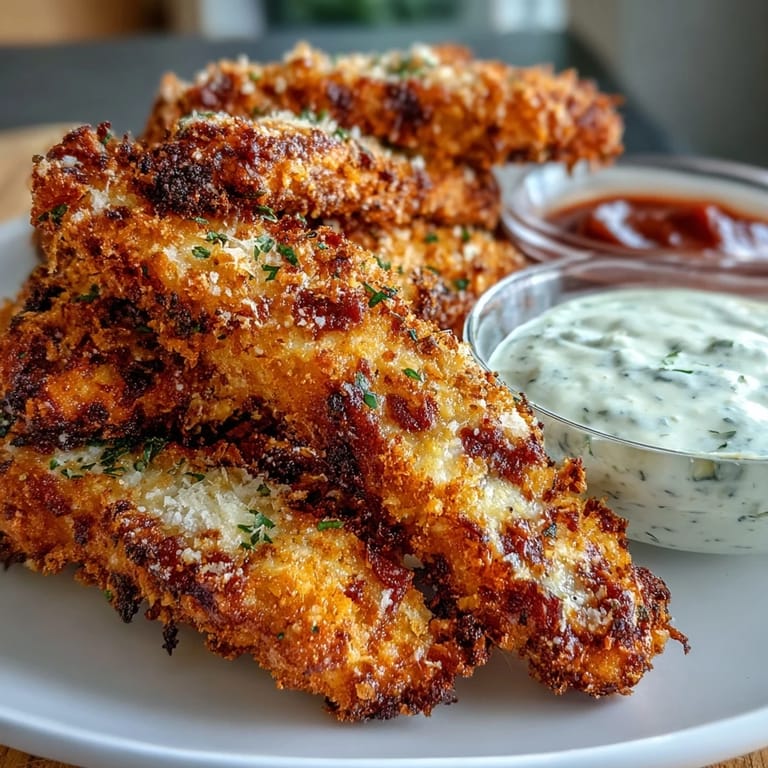 Freshly baked Crispy Baked Chicken Parmesan Fries ready to dip into warm marinara sauce.