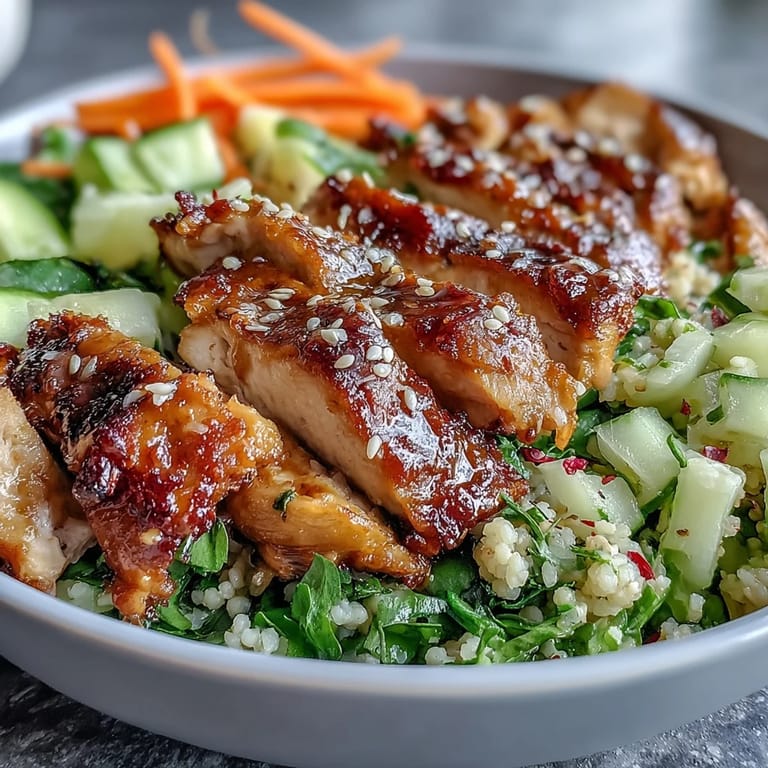 Delicious Sesame Ginger Chicken Couscous Bowls feature tender sliced chicken, crisp shredded carrots, and green onions mixed into golden toasted pearl couscous.